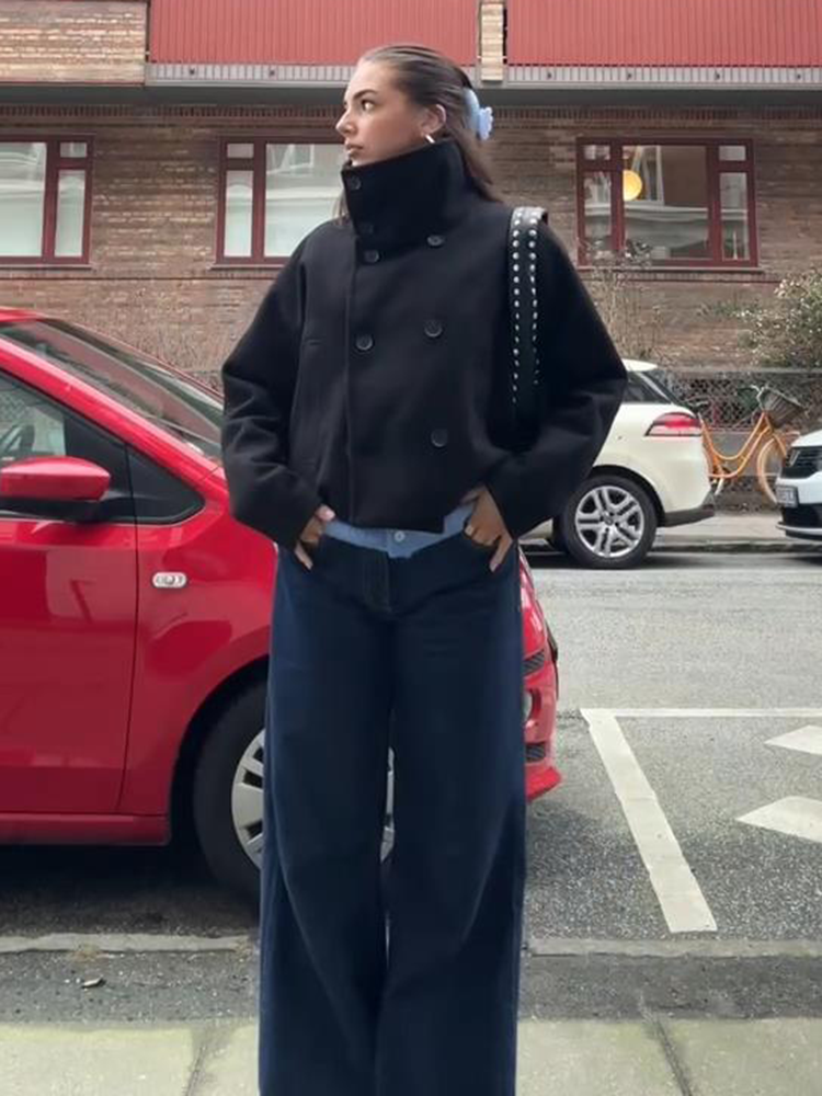 Fourrure laine femmes veste col haut à manches longues simple boutonnage femme manteau 2025 automne hiver rue chaud ample dame outwear