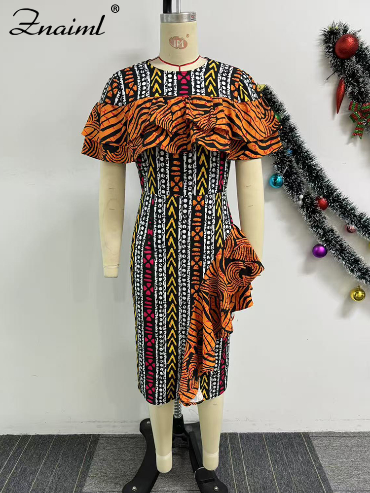 Znaiml Festival africain imprimer robes femmes élégantes été à manches courtes volants moulante Robe mi-longue mode vacances Robe de fête