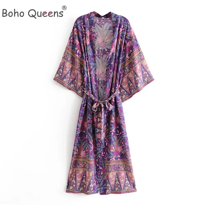 Kimono Vintage Chic pour femmes, imprimé Floral, ceinture, bohème, col en V, manches chauve-souris, rayonne, Maxi Robe, Cover-up
