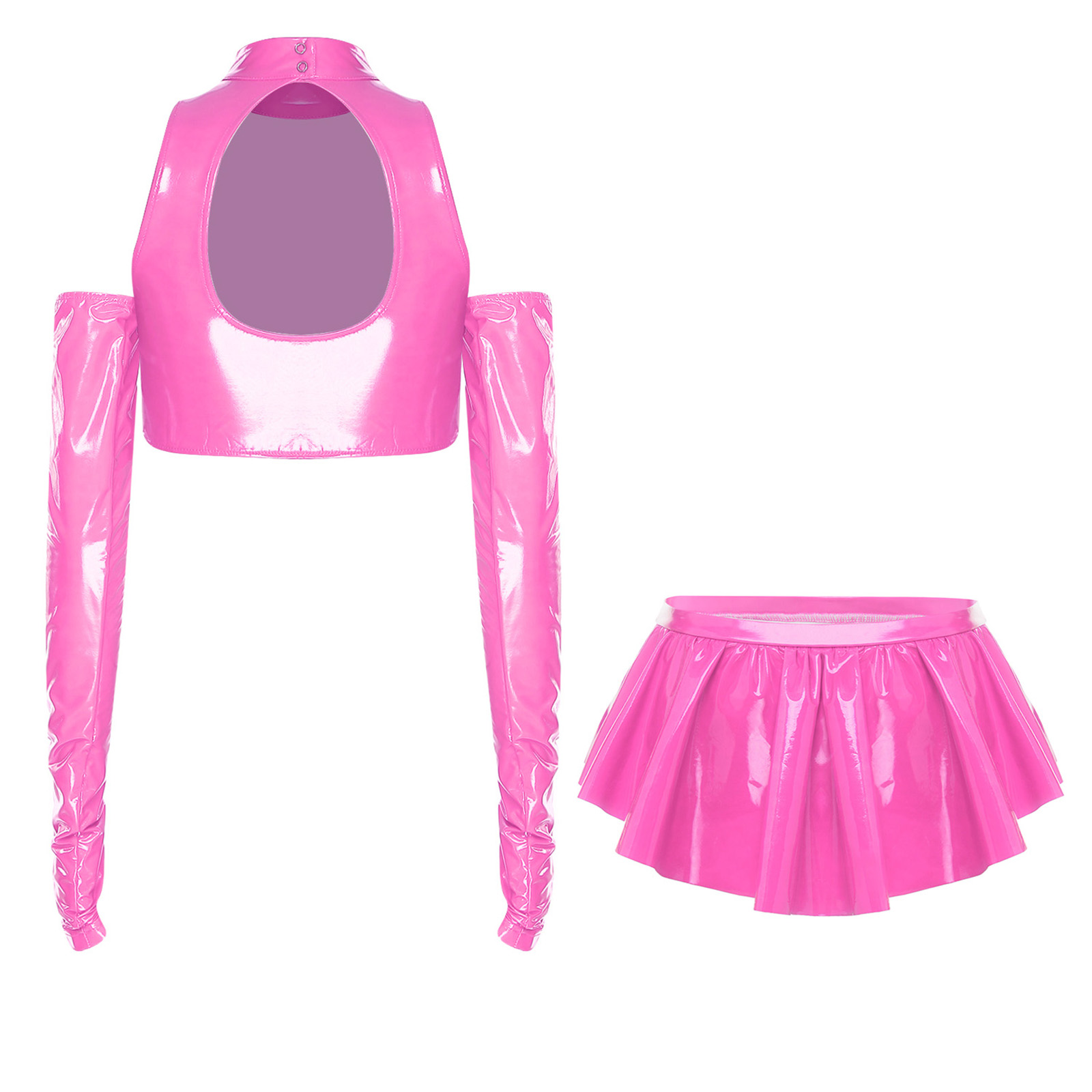 Ensemble de tenue en cuir verni effet mouillé pour femme, idéal pour les soirées rave et les clubs, avec haut court à épaules dénudées et manches longues et jupe à volants
