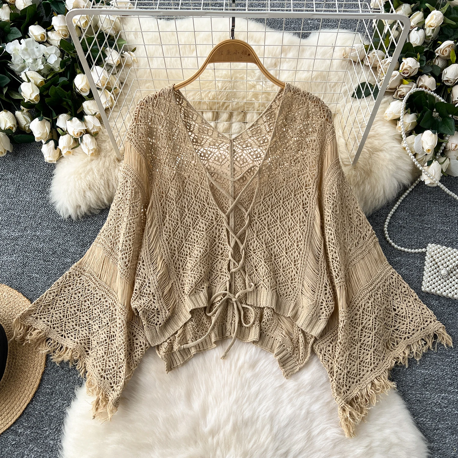 Cardigans de plage Boho pour femmes, Cardigan tricoté ajouré au Crochet, haut court à lacets, manteau à manches longues, livraison directe