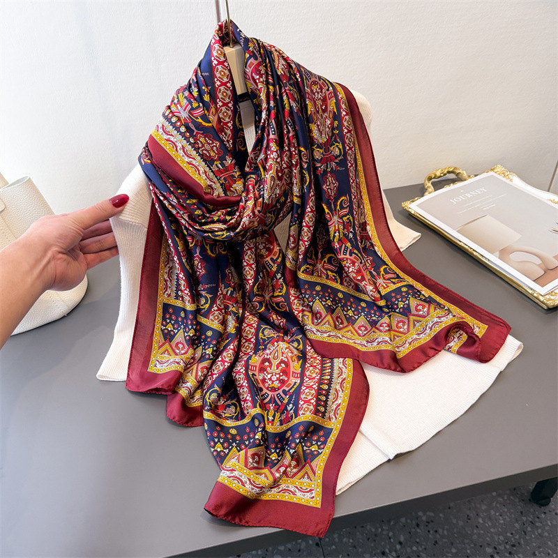 Foulard en soie vintage imprimé, grand format, design de luxe pour femme, châle en satin doux et lisse, protection solaire pour la plage, 180x80cm, bandana