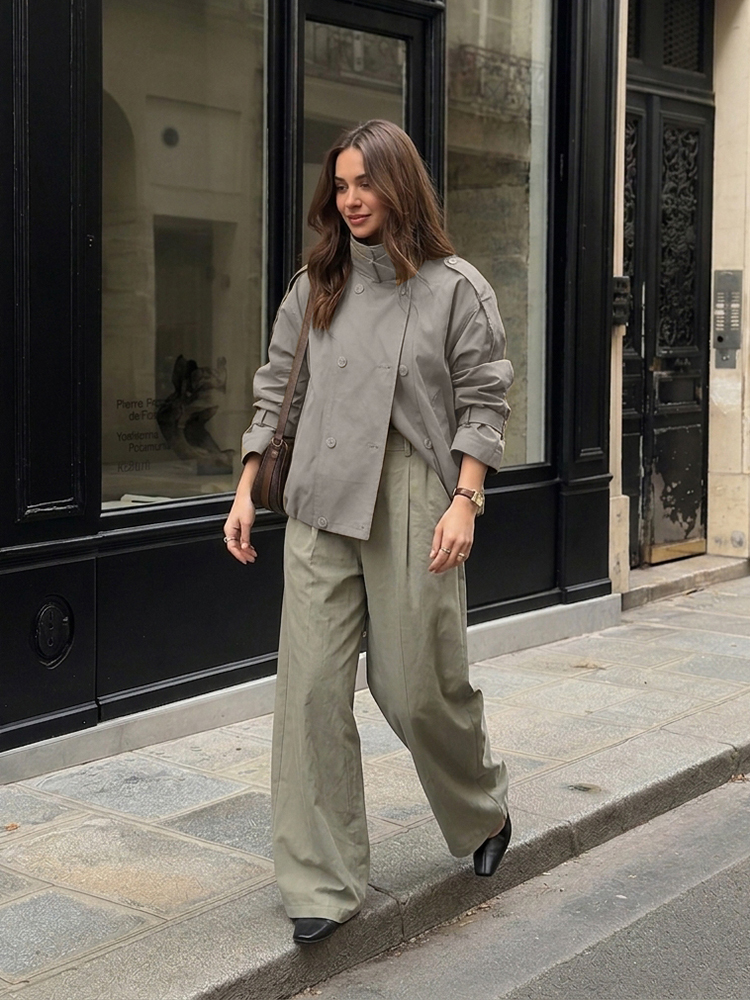Veste Trench Courte Utilitaire pour Femme, Coupe Décontractée, Col Montant, Épaulettes, Double Boutonnage, Manteau Court, Vêtement d'Extérieur Urbain