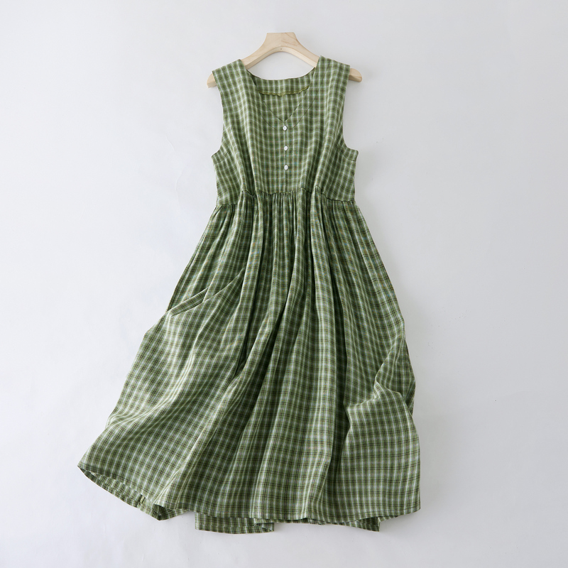 Robe mi-longue à carreaux en fibre de coton pour femmes, mode coréenne et japonaise, mode de rue décontractée, robe de travail élégante pour dames, été