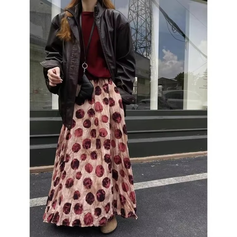 Nouvelle jupe trapèze pour femme printemps 2026, motif vague rouge vintage, taille haute mi-longue style Y2K, Faldas Mujer