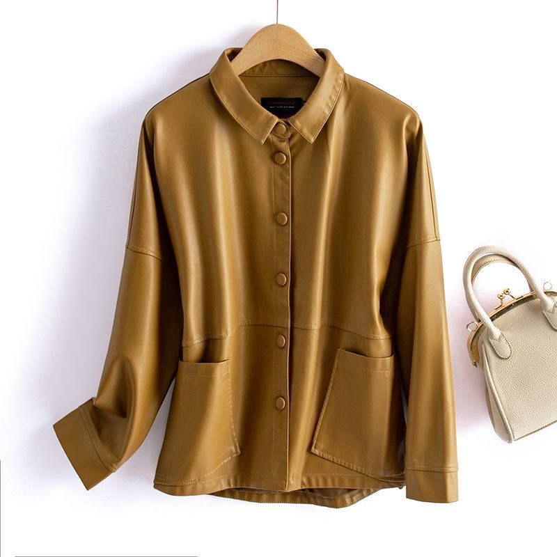 Veste courte en cuir de mouton pour femme, poches à boutons ajustée, CombChic Office Ladies, Split Sheep Leather, Korean At Outwear