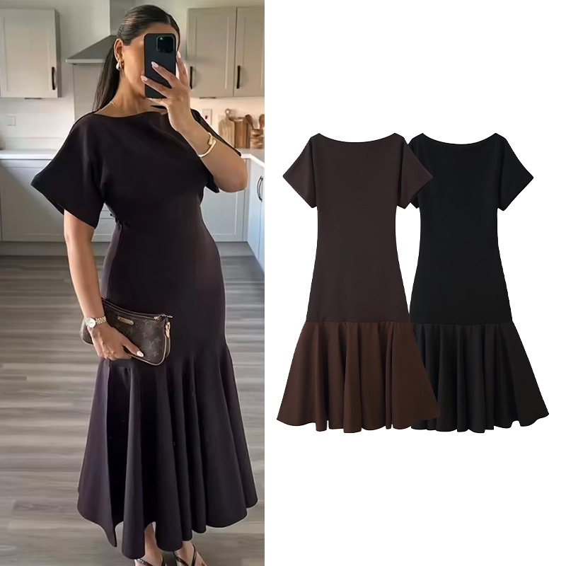 Robe en tricot patchwork pour femme, col rond, manches courtes, ourlet plissé uni, robe midi élastique pour femme, robes longues chics pour femme