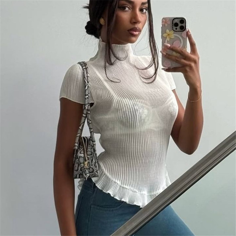 T-Shirt côtelé pour femmes, décontracté, coupe cintrée, élégant, transparent, couleur unie, col roulé, manches courtes, chemise, fête d'été, Clubwear
