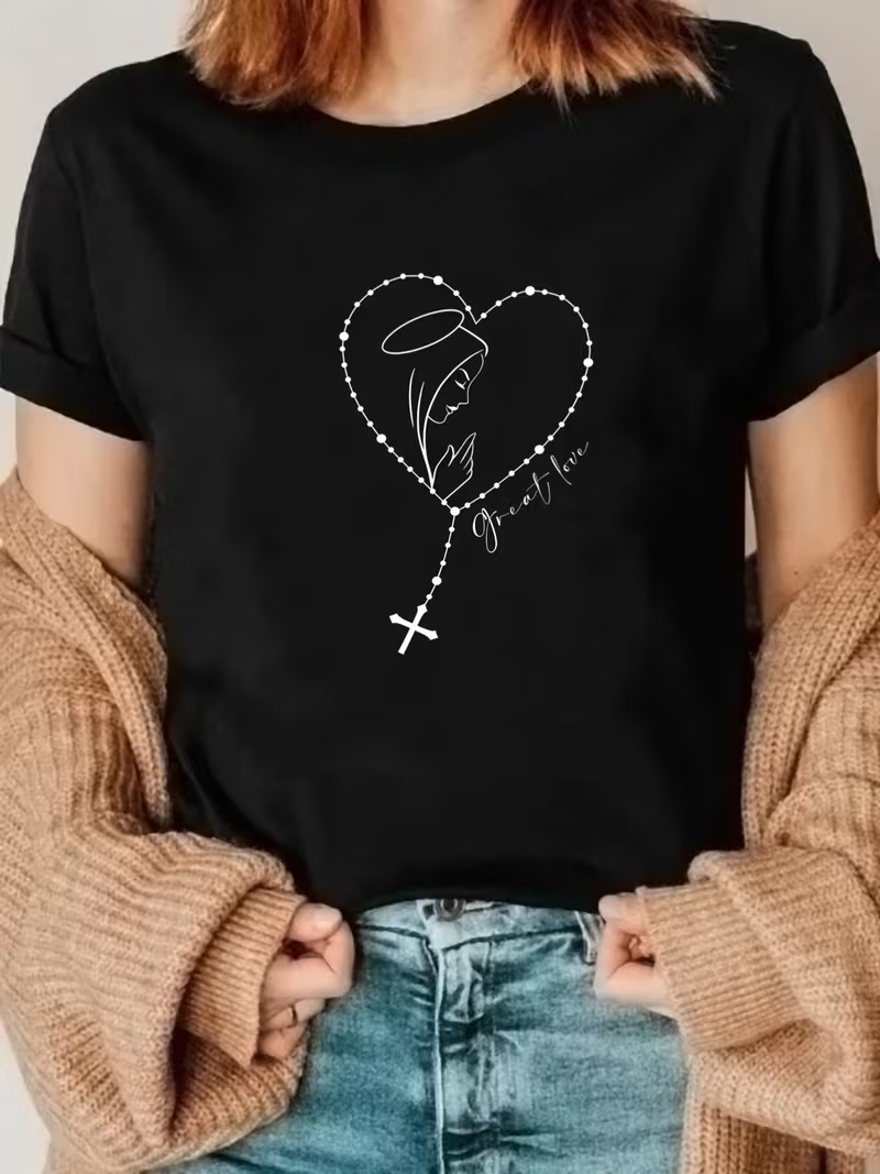 T-shirt graphique Grande Amour Vierge Marie Chapelet Religieux Chrétien Catholique Prière Tee-shirt d'été à manches courtes pour femme Streetwear Top