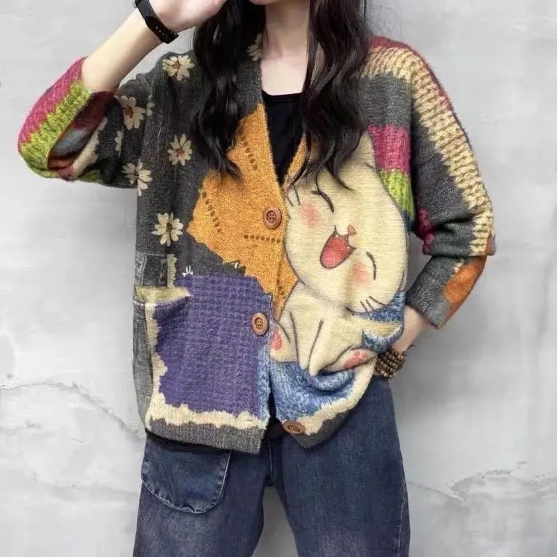 Cardigan imprimé pour femme, pull tricoté, mode coréenne, hauts à manches longues, col en V, ample, automne printemps