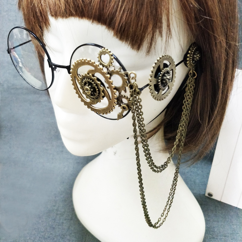 Lunettes pour femmes Steampunk rétro cadre rond Lolita engrenages chaîne décor gothique lunettes Cosplay Halloween fête hommes lunettes