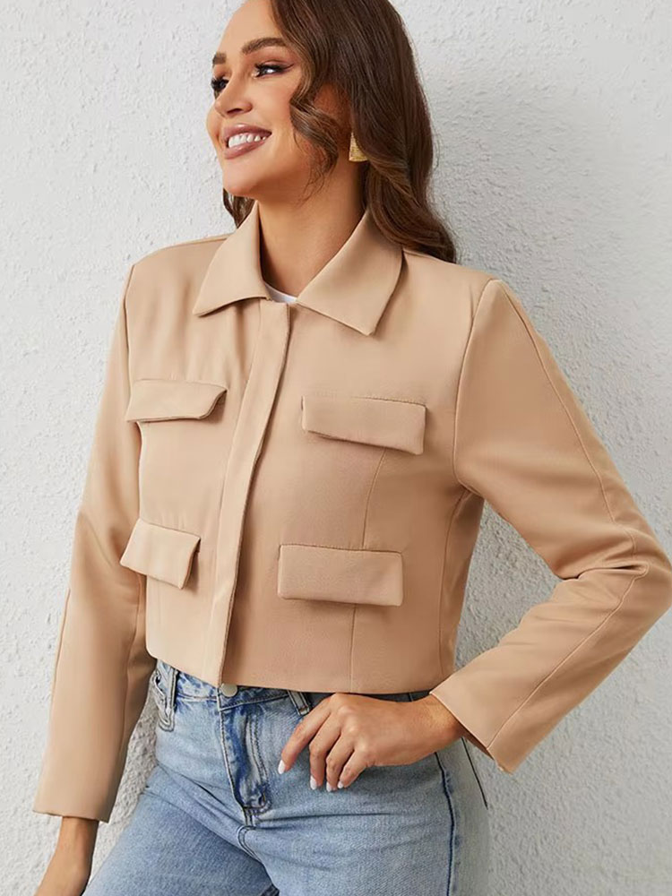 HH printemps veste pour femmes mince recadrée manteau élégant solide à manches longues veste avant rabat poche vêtements d'extérieur mode Streetwear