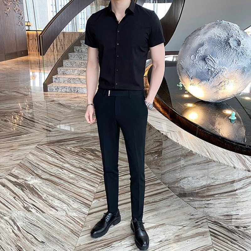 Homme noir hauts chemises et chemisiers unis pour hommes vêtements à manches courtes avec col luxe Social esthétique concepteur Original Cool