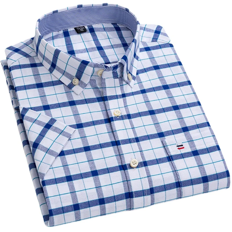 Chemise rayée à carreaux à manches courtes pour hommes, chemises en coton, blanc, décontracté, affaires, coupe régulière, grande taille, S-7XL, été, nouveau