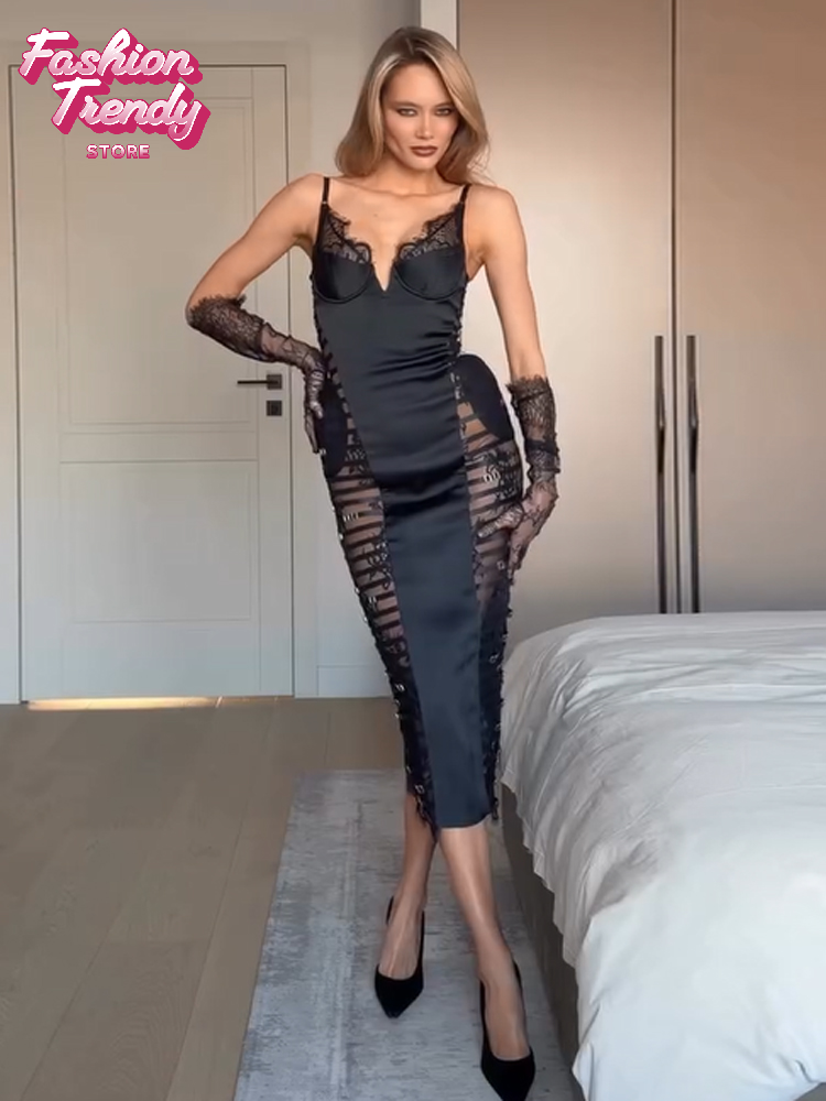 Robe Midi Sexy Noire en Satin pour Femme, Col en V Profond, Dentelle, Maille Transparente, Découpes, Fente, Moulante, Vestido 2026, Robes de Soirée et de Club