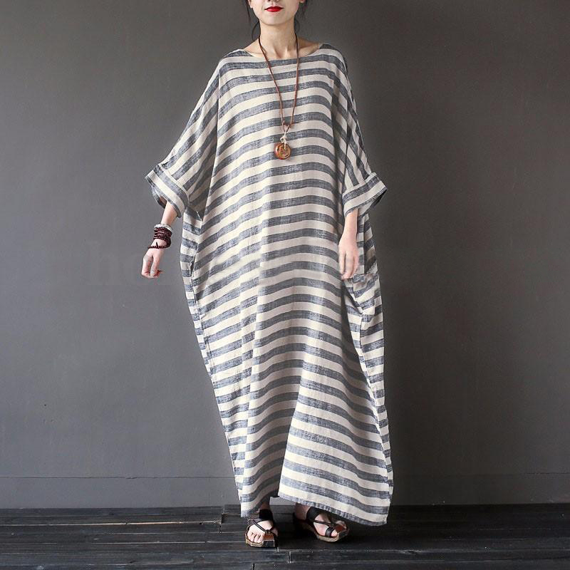 Femmes coton lin robe rayée 2025 été ample grande taille 4XL 5XL robe Maxi robe femme décontracté longue Boho caftan robe musulmane