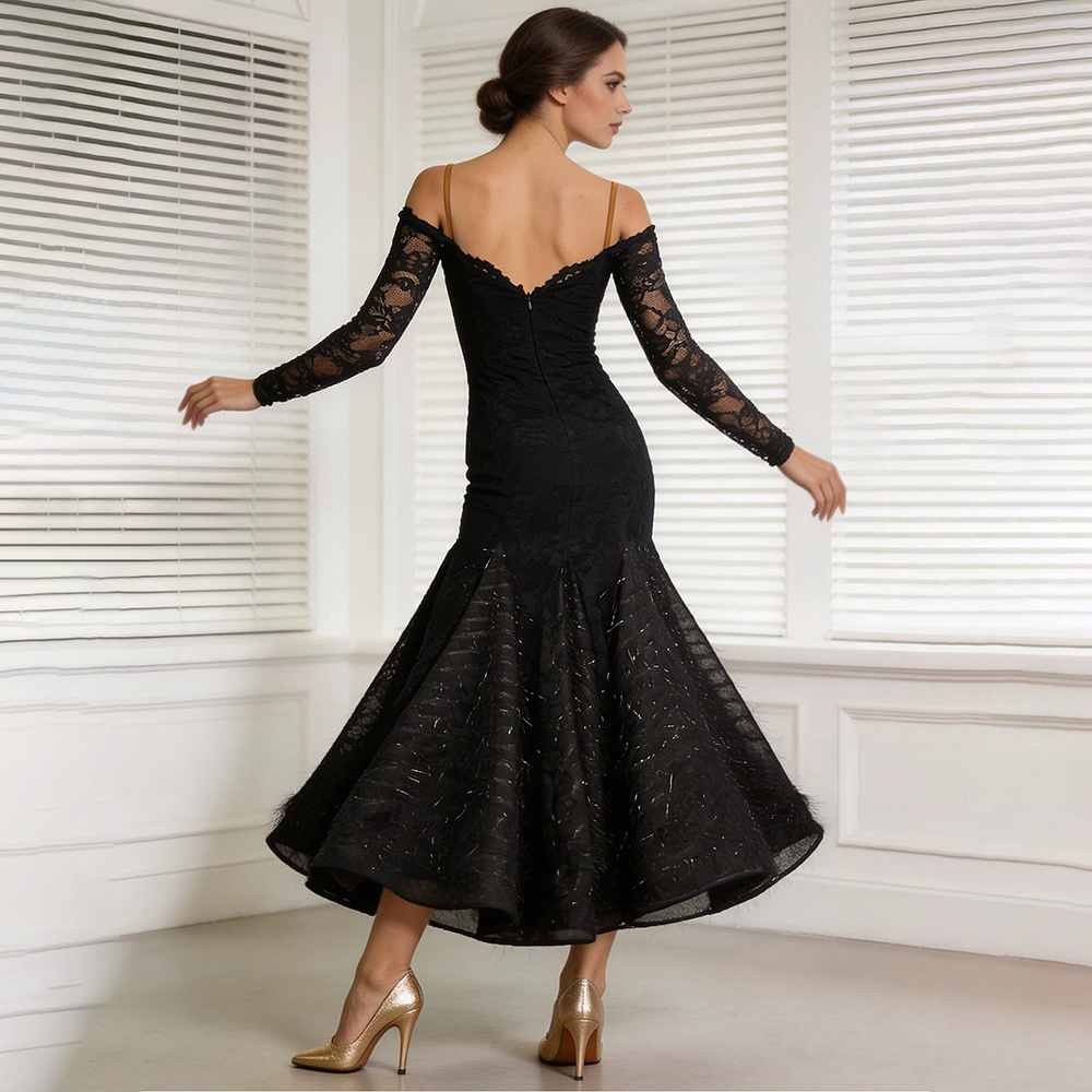 Robe de danse de salon élégante pour femmes, en dentelle blanche, épaules dénudées, manches longues, costumes de danse moderne, vêtements de performance pour valse et tango