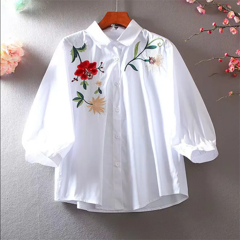 Chemise brodée pour femme, chemisier artistique blous rétro, cardigan à revers, vêtements de loisirs d'été