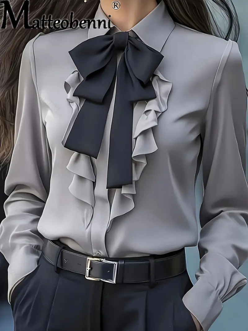 2025 femmes Blouse automne couleur unie à lacets nœud à volants conception chemises décontracté ample à manches longues chemise bureau dames Blusas Mujer