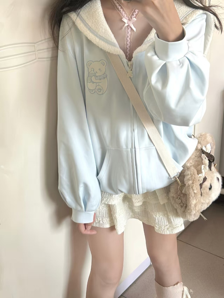 Veste japonaise douce et kawaii pour femmes, manches longues, bleu, fermeture éclair, broderie, sweat-shirt ample, style preppy, vêtements mignons et tendance