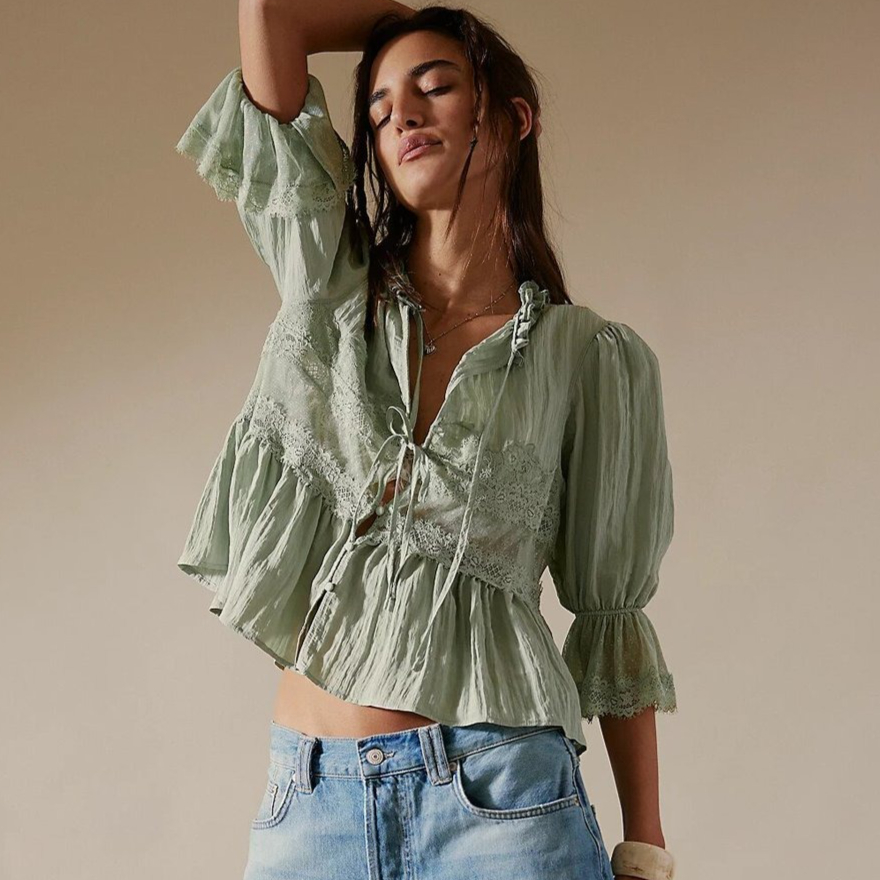 Chemisiers en dentelle pour femmes, hauts d'été Vintage, col en v, manches bouffantes, coupe ample avec boutons, chemisier décontracté, veste de lit en coton