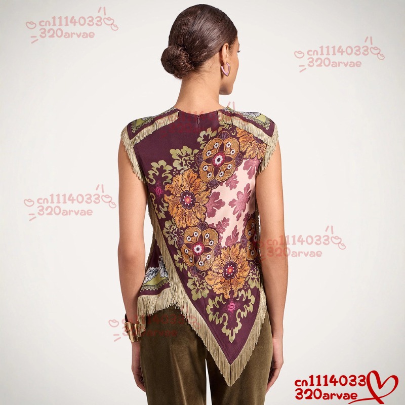 Haut à imprimé floral tendance avec franges pour femme, chemisier en satin vintage à col rond sans manches et ourlet asymétrique, hauts chics pour femme 2026
