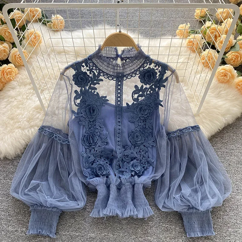 Dentelle bouffée à manches longues blouse vintage mode blouses élégant femme blusas coréen femme hauts femmes chemises vêtements livraison directe