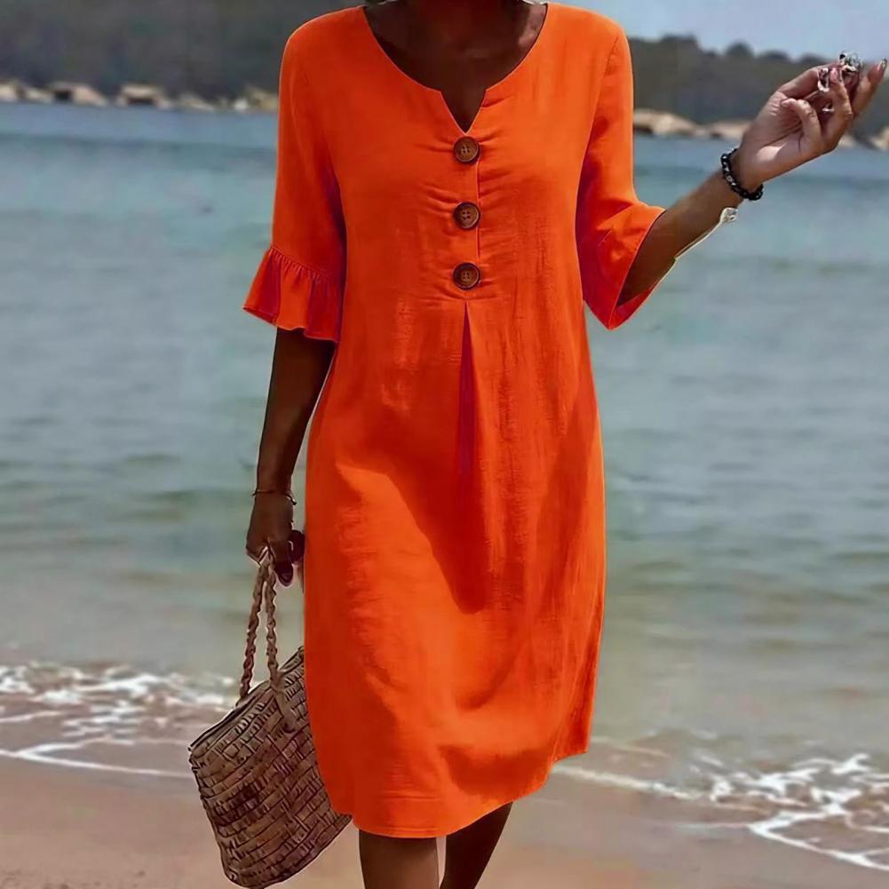 Robe d'été en coton et lin pour femme, robe sexy à col en V avec boutons, robe mi-longue à manches courtes à volants, robe de plage à col rond