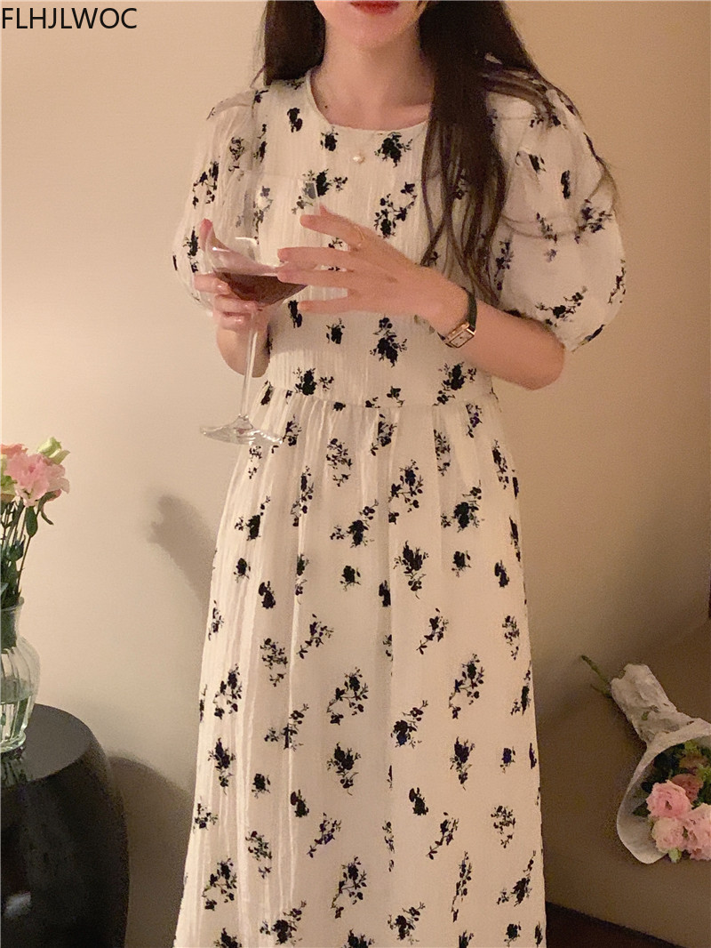 Robe longue vintage à imprimé floral pour femmes, vêtements coréens chics, design pour femmes, vacances d'été, date, filles, col rond, dame élégante, rétro, 2022