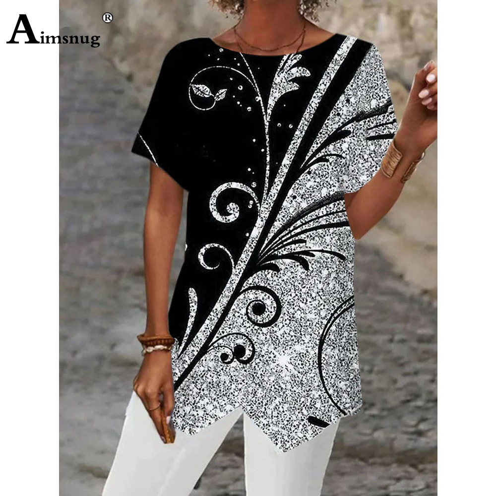 Grand Big 5xl Femmes Décontracté Boho Chemises Modèle 3D Impression T-shirts À Manches Courtes Haut Irrégulier Dames Tunique Chemise Femmes Vêtements 2025