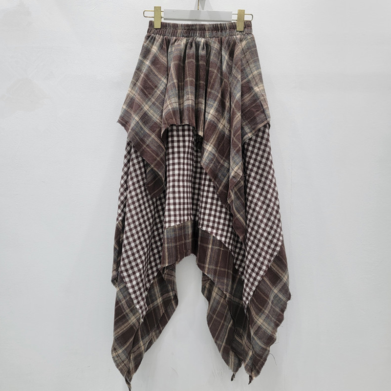 DEAT mode nouveaux articles irrégulier Plaid Patchwork plissé a-ligne jupes pour les femmes taille haute élastique mi-longue jupe 11A06244