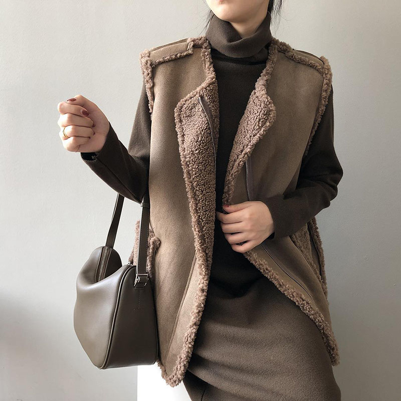 Veste en émail en laine d'agneau pour femme, manteau en fibre de fourrure de cerf, vestes zippées décontractées pour femme, port double face, coréen, automne, hiver