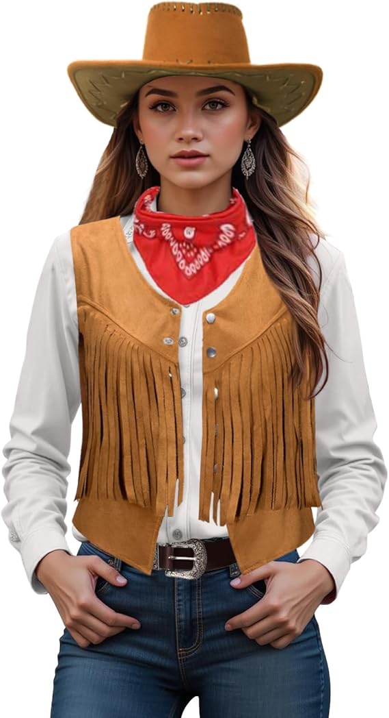 Costume de Cowgirl pour femmes et hommes, gilet occidental, chapeau, ceinture, ensemble Bandana pour Cowboy, glands, gilet à franges, tenues d'halloween, Cosplay du Wild West