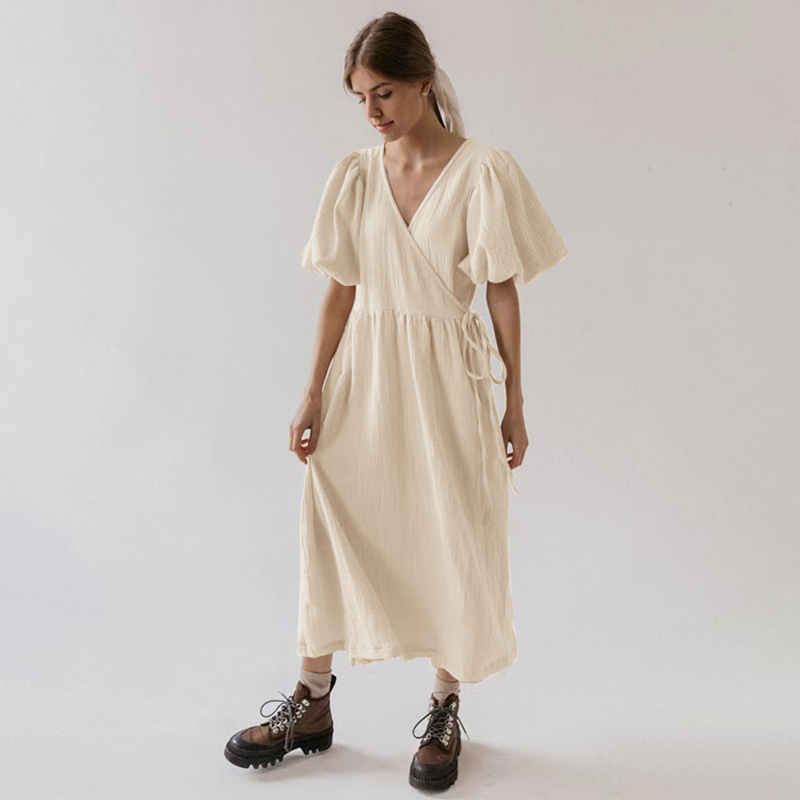 Robe longue vintage 100 % coton à manches bouffantes pour femme, en mousseline de crêpe gaze, col en V, avec bandage et dentelle, élégante, pour fête d'anniversaire