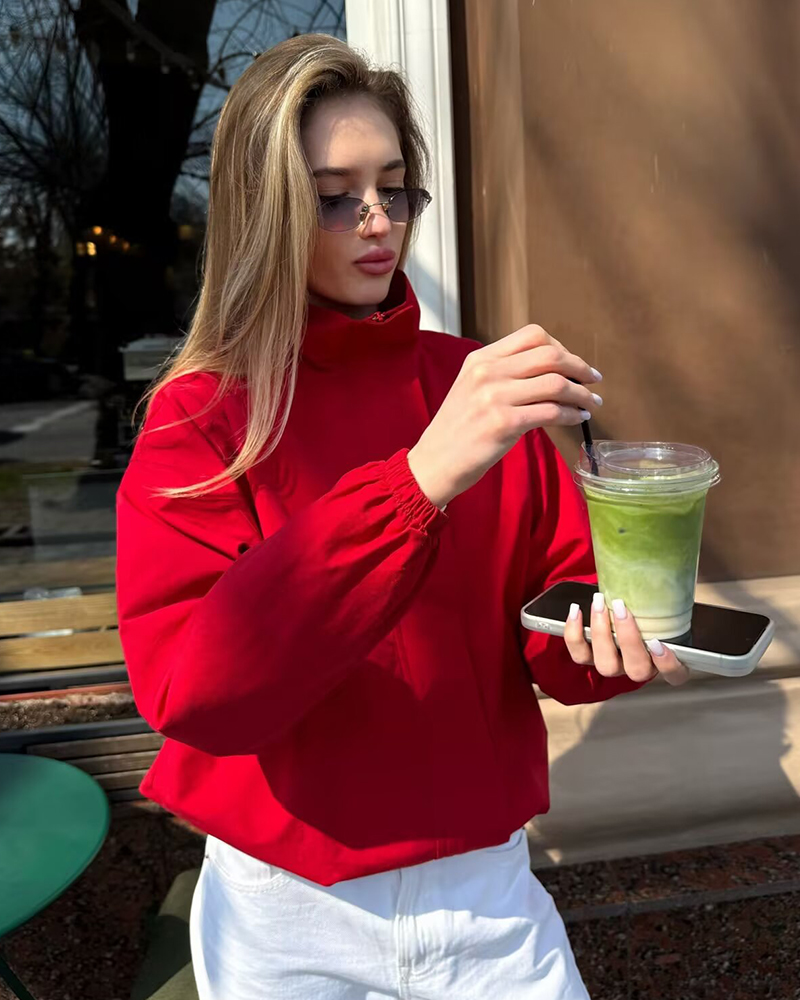 Veste Femme 2026 Nouvelle Collection – Veste Sport Décontractée Chic à Col Montant et Fermeture Éclair, Coupe Ample, Manches Longues, Rouge Oversize pour Femme