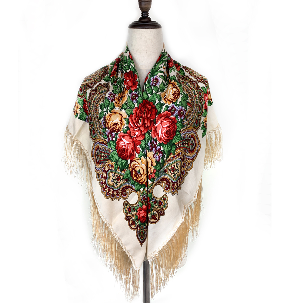 Foulard carré russe imprimé Floral de luxe pour femmes, châle traditionnel ukrainien à franges, Bandana Babushka, 115x115cm