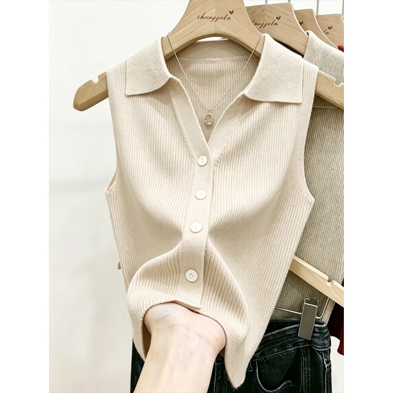 Nouvelle collection été 2026 – Gilet décontracté en maille pour femme, col rabattu, sans manches, boutonnage simple, couleur unie