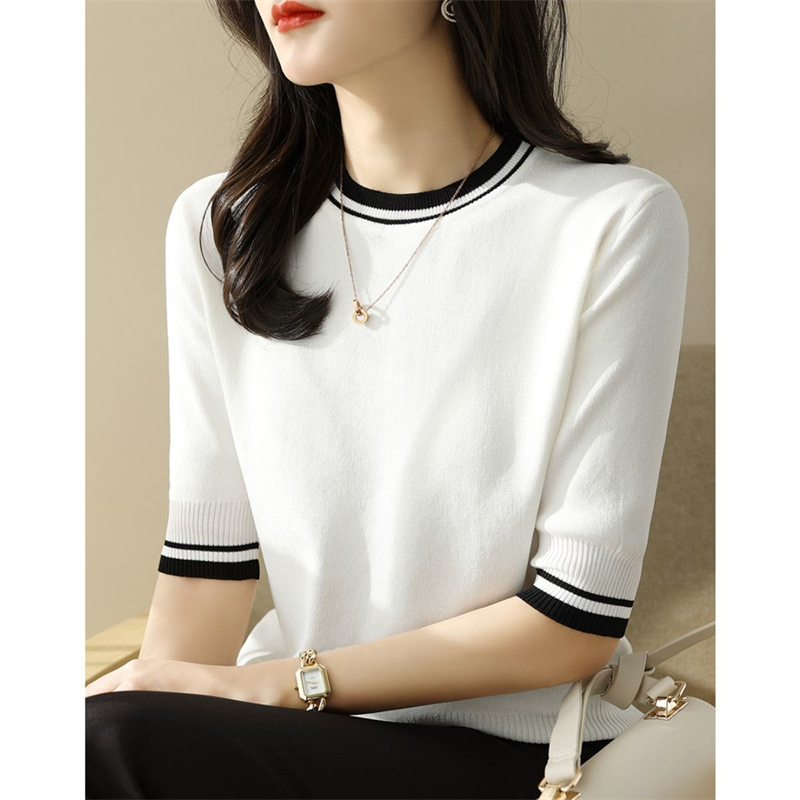 Vêtements pour femmes 2024 mode d'été contraste couleur élégant doux tricoté T-shirts décontracté col rond demi manches hauts pullover amples