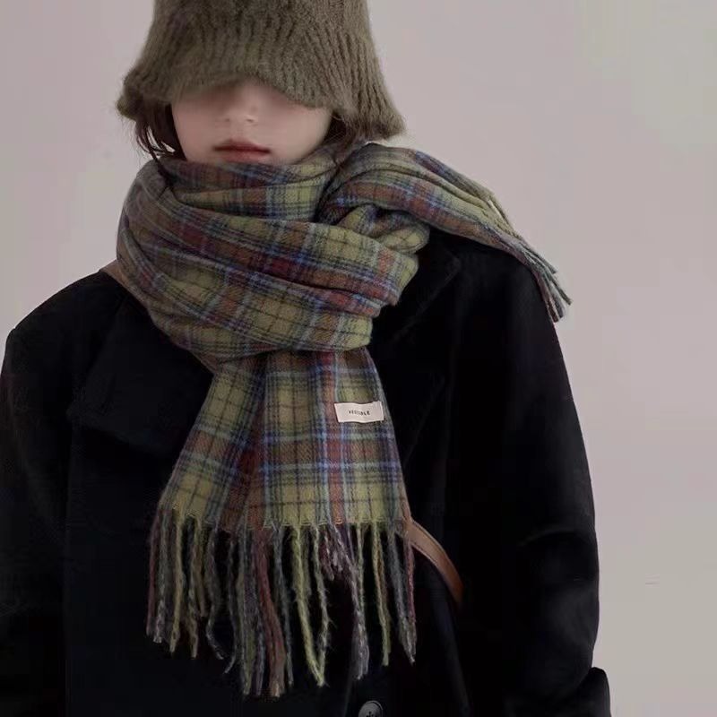 Écharpe à carreaux pour femmes, châle chaud et Long en Tartan vert, enveloppe de voyage de Style coréen, hiver