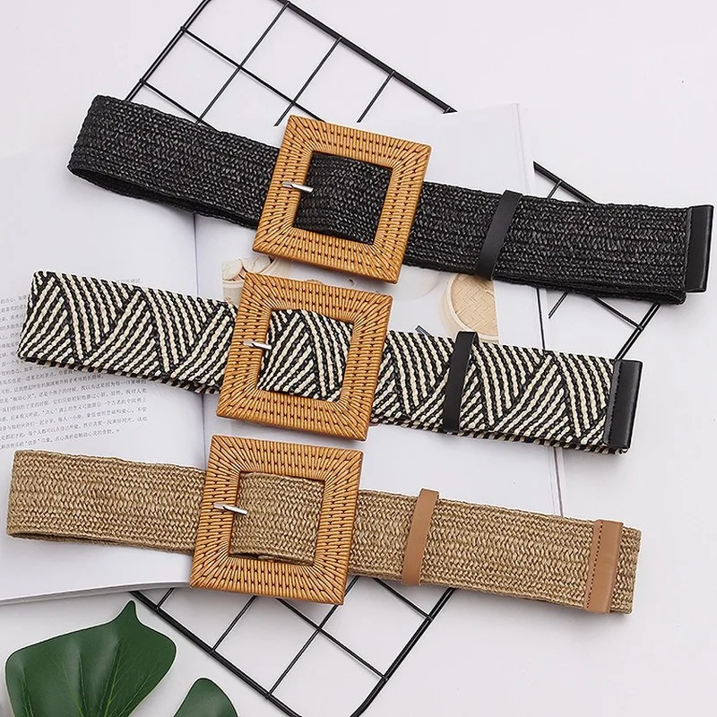 Femmes plage bohême ceinture élastique ceinture boucle carrée tressé robe d'été femmes mode coréenne sangle