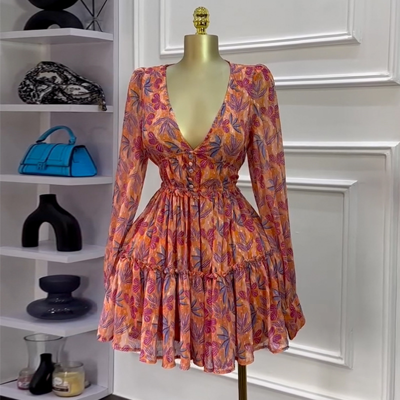 Robe Courte Femme Imprimé Floral Y2K Streetwear Col V Manches Longues Taille Haute Élégante pour Soirée et Travail