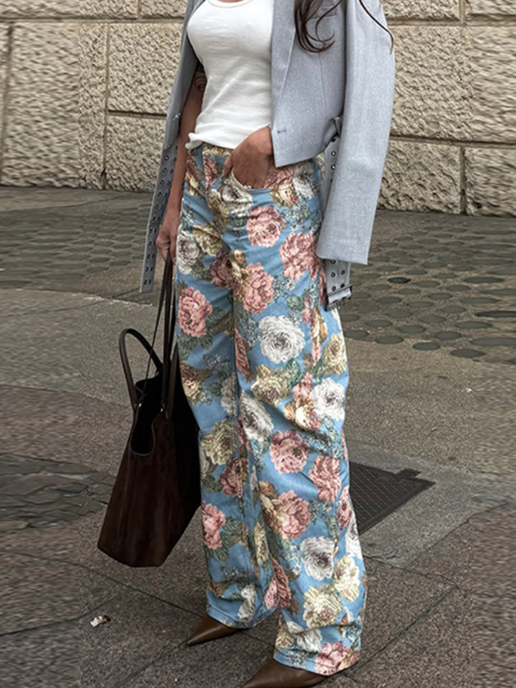 Jean pour femme 2026, imprimé floral vintage, taille haute, coupe ample, jambe large droite, en denim, style rétro effet peinture à l'huile, pantalon décontracté streetwear