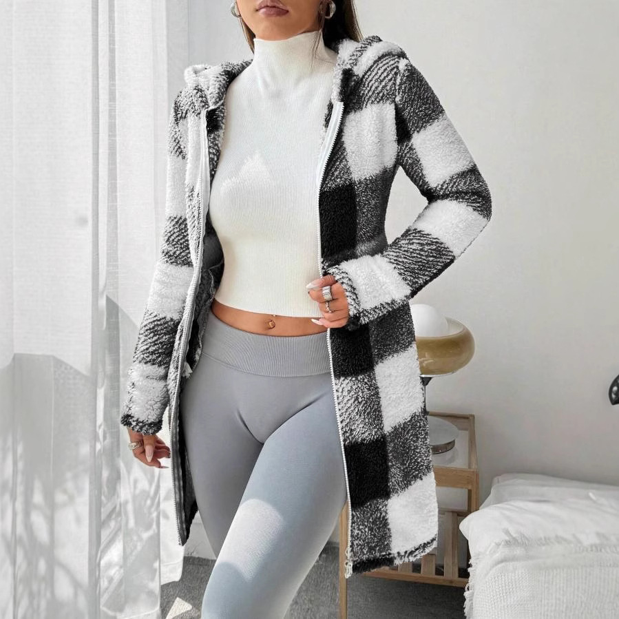 Femmes manteaux hiver Manteau hiver chaud en peluche poche Manteau femmes Plaid imprimé à capuche longue fermeture éclair Cardigan Sobretudo Feminino Inverno