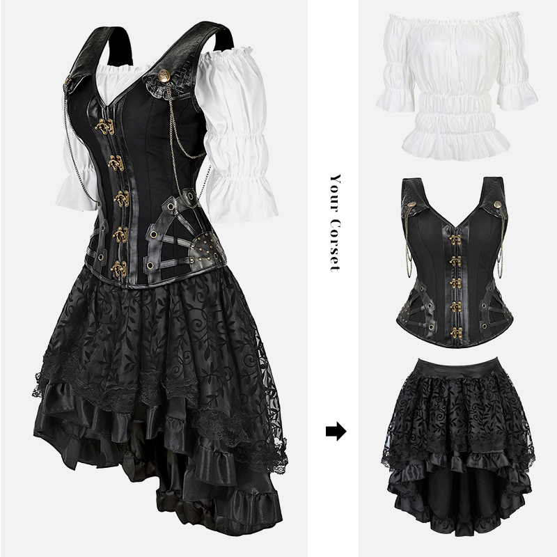 Robe Corset Steampunk pour Femme, Vêtements Gothiques Noirs, Cosplay, Blouse, Grande Taille, 7.5