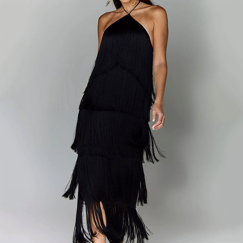 Robe de soirée Chic pour femmes, couleur métallique, Sexy, col licou, à lacets, élégante, dos nu, sans manches, superposée, Slim