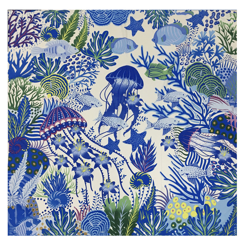 130*130 cm 100% Foulard en soie sergé femmes carré Bandana châle le monde sous-marin imprimé foulards femme Foulard foulard