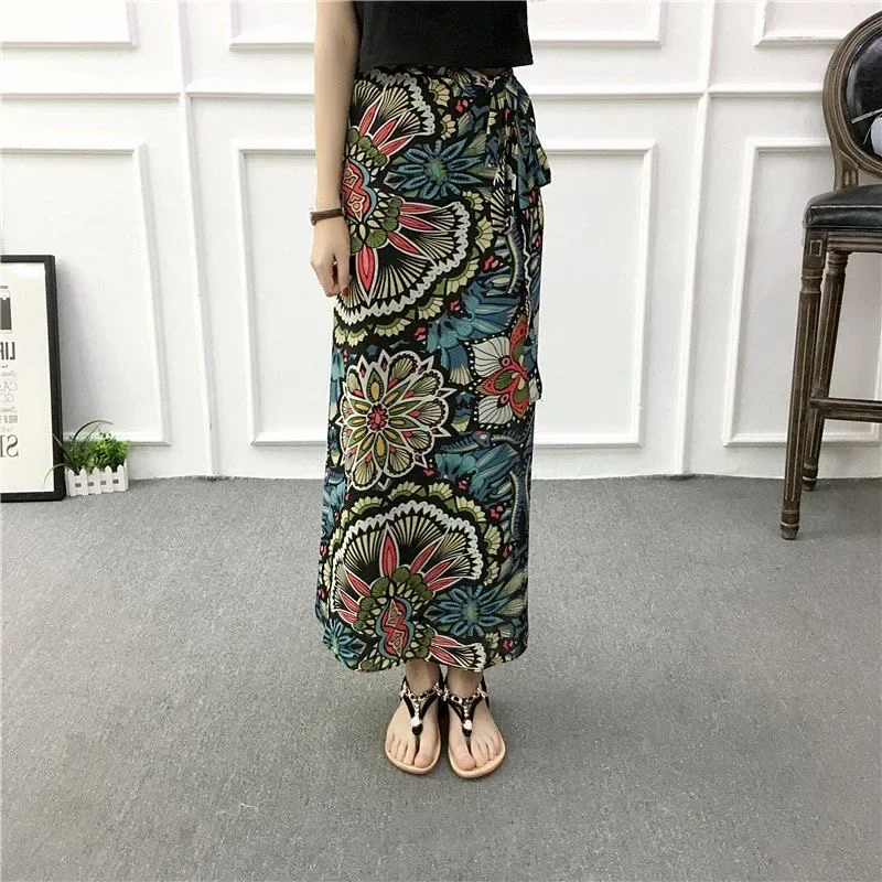 Jupe florale de plage d'été pour femmes, jupe longue en coton, taille haute, avec fente latérale et détails de cravate, Design de Style Boho