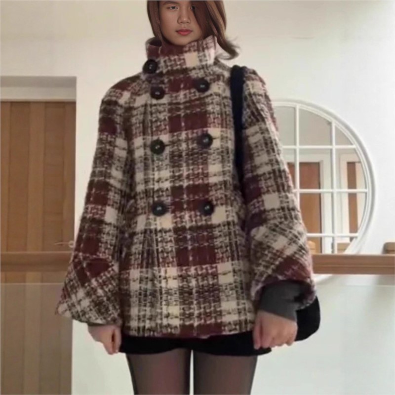 Femme manteaux d'hiver élégant chaud Plaid col montant poche manteau mode manteaux amples polyvalent décontracté femme veste nouveaux vêtements d'extérieur
