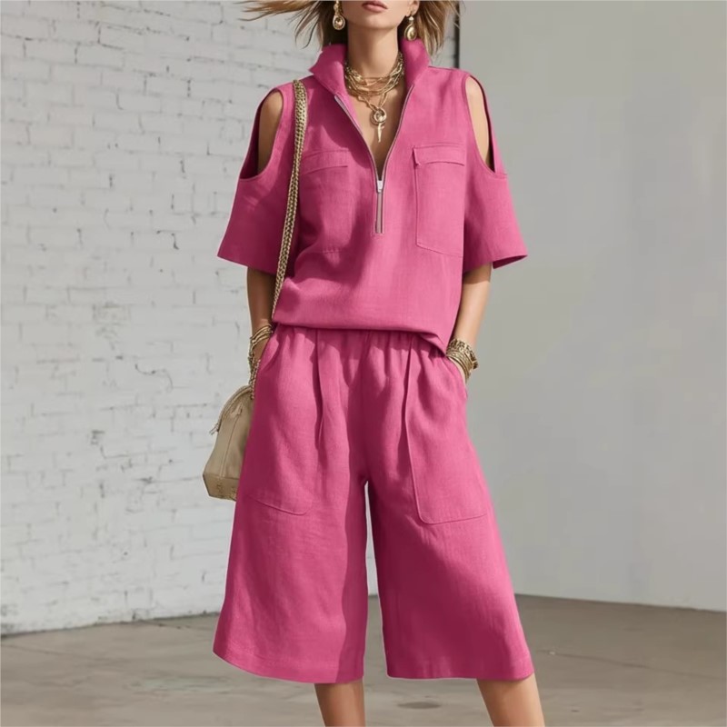 Nouvel ensemble deux pièces décontracté pour femme été 2026 : chemise à manches courtes et short ample avec poches – Collection mode féminine