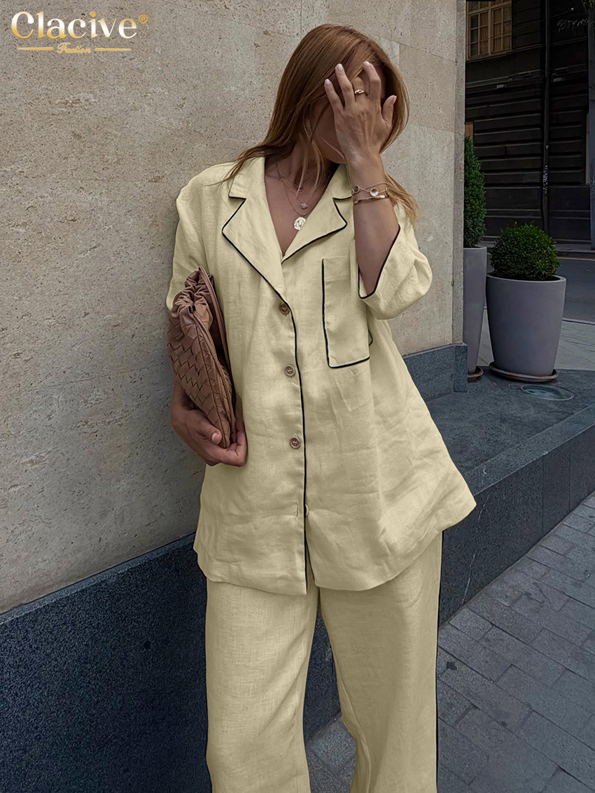 Ensemble 2 pièces décontracté en coton jaune Clacive Fashion pour femme : chemise à manches longues et pantalon large taille haute